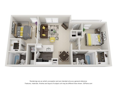 Floor plan for 2 beds, 2 baths, 887 sqft